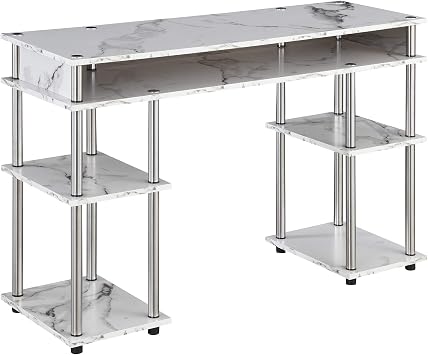 Convenience Concepts Designs2Go No Tools Desk Home Office Desk with Shelves, Corner Shelf Vanity Desk Computer Desk Nail Table for Nail Tech - 47.25" L x 15.75" W x 30" H, White Faux Marble