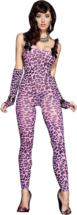 Music Legs Footless leopard print crotchless bodystocking with matching arm warmer. Item# 1123-Pink/Black