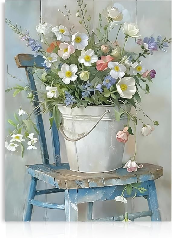 Dazzlewall Rustic Vintage Floral Wall Art, Daisy Wildflowers in Bucket for Farmhouse Bathroom Living Room 12x16 in Unframed | Rustic Daisy Bouquet Wall Decor for Bedroom, Living Room, Bathroom & Hallway, Water-Resistant, Fade-Resistant Canvas Print