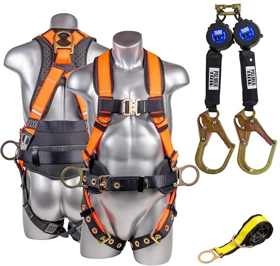 Palmer Safety Twin 6' KIT I 5pt Hammerhead Harness, Twin Self Retracting Lifeline, 4' Cross Arm Strap I OSHA/ANSI Fall Arrest Kit (Hi-Vis Orange - LG)