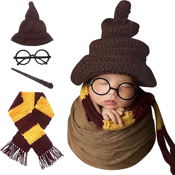Newborn Photography Props Halloween 4Pcs Witch Wizard Hat Scarf Set | Magic Theme Costume Accessories for Baby First Halloween, Fantasy Parties, Cosplay, Christmas, Baby Shower, Themed Portraits
