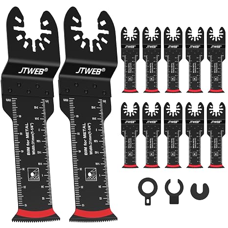 JTWEB Extra Long Oscillating Saw Blades - 12PCS Arc-Shaped Edge Bi-Metal Multitool Blades Precise Cut for Wood with Nails, Metal, Universal Quick Release Power Oscillating Tool Blades Kits