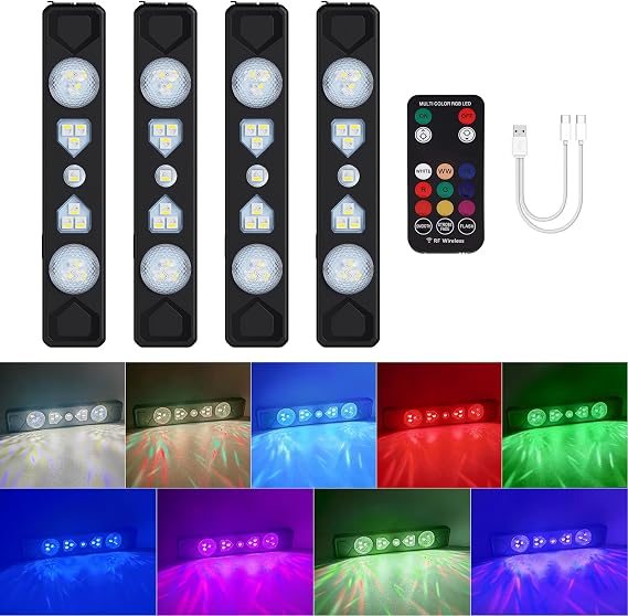 LECART 4 Pcs Car Interior Lights Wireless Remote Control Led Atmosphere Ambient Lighting Kits USB C Rechargeable Neon Accent Light 9 Colors LED Strip Lamp with Mini Flashlight