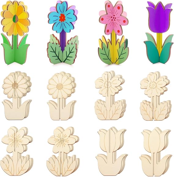 3D Wooden Flower Crafts to Paint, 32 Pcs Unfinished Wooden Spring Slices for Craft, 4 Styles Flowers Ornaments for Home Decoration