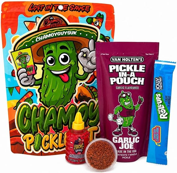 ChamoyGuysUK Garlic Pickle Kit | Includes 1 x Garlic Pickle, 1 x Fruit Roll Up, 1 x Lucas Gusano or 1x Mini Homemade Bottle of Chamoy, 1 x Tajin
