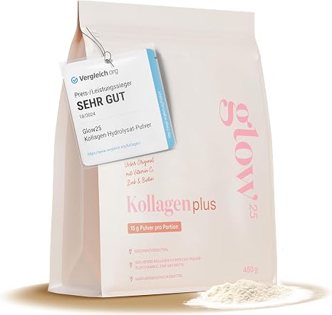 Glow25® Collagen Plus Powder [225g] - Collagen Hydrolysate with Vitamin C Zinc and Biotin - Peptides Type 1 and 3 - Good Solubility - Neutral