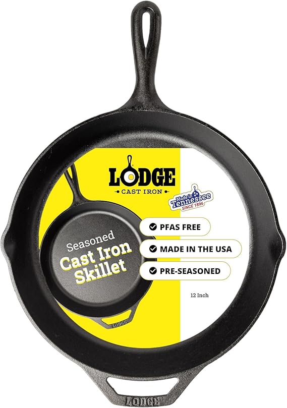 Lodge Pre-Seasoned Cast Iron Skillet for Indoor and Outdoor Use. Induction Frying Pan. Oven, Grill and Metal Utensil Safe Skillet Frying Pan with Pouring Lips. Made in the USA. 30.5 cm/12 inch | camping-cooking-utensils