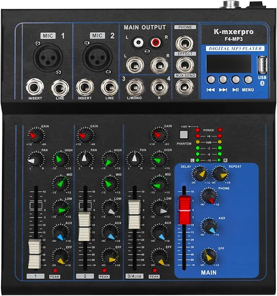 4 Channel Mixer With 48v Phantom Power,USB Audio Mixer Board For Live Show Streaming Recording Music Stage Karaoke