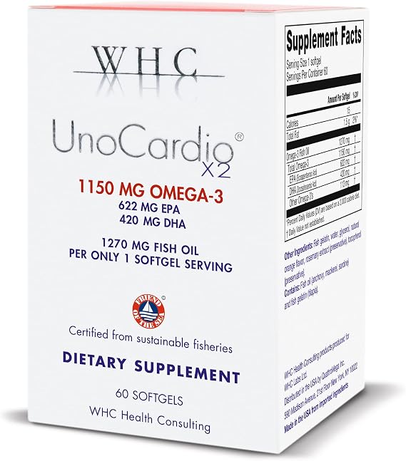 WHC, UnoCardio X2 Fish Oil, Triglyceride Omega-3 Fatty acids, 1270 mg Fish Oil Supplement (622 mg EPA / 420 mg DHA/Total 1150 mg of Omega-3 per Serving), Natural Orange, 60 softgels