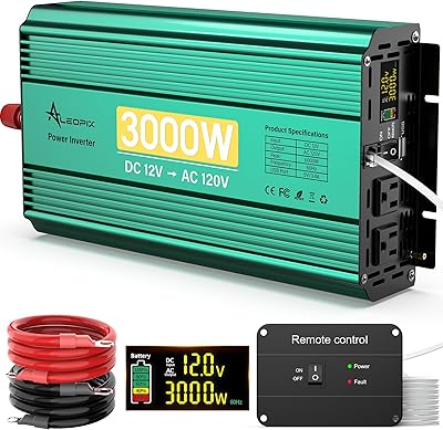 3000 Watt Inverter 12V to 110V120V 6000W Peak Truck Power Inverter for Vehicles, Modified Sine Wave AC to DC Converter for RV Home with 2 AC Outlets 3.4A USB Port LED Didplay Remote Controller