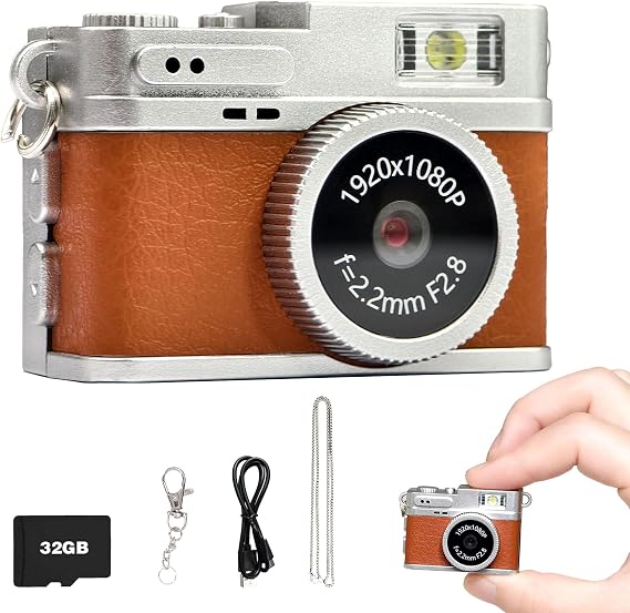 Mini Retro Camera,1080P Keychain Camera, Vintage Tiny Digital Video Recorder with 32GB Card, 0.96'' HD Retro Snap Micro Recorder for Travel Study(Brown)