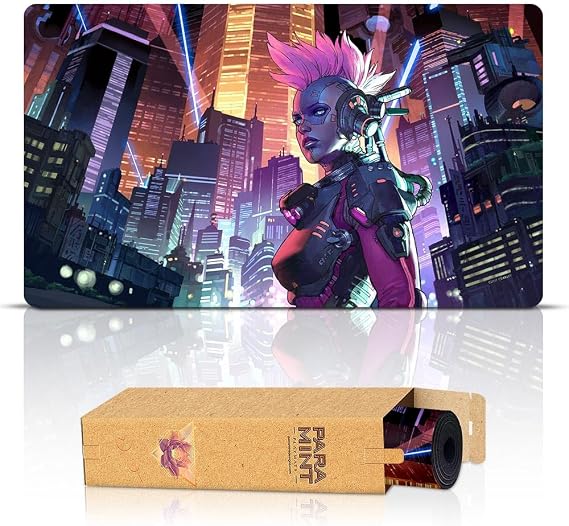 Cyberpunk - 24x14 Stitched MTG Playmat | Art by Clint Cearley. Non-Slip Rubber Base. Compatible with Magic The Gathering TCG. Durable Tabletop Desk Protection.