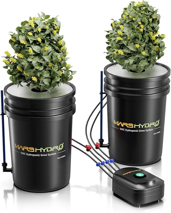 MARS HYDRO DWC Hydroponics Buckets Grow System 5 Gallon Deep Water Culture with 8W Air Pump, Multi-Purpose Air Hose, Air Stone, 2 Buckets and Top Drip Kit
