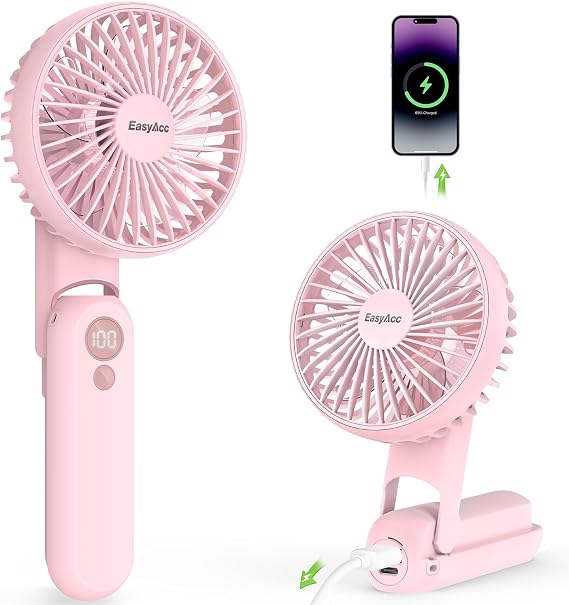 EasyAcc Portable Fan with Built-in Battery, 5 Speeds, Ultra Quiet, 3-18H Runtime, Backup Power, Digital Display, Foldable Handheld and Neck Fan with Lanyard for Travel, Pink