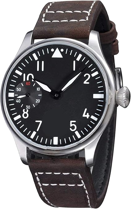 CARLIEN Hand Wind Mechanical for Men Pilot Classic Analog Watch with Black Dial Luminous Dark Brown Leather Strap