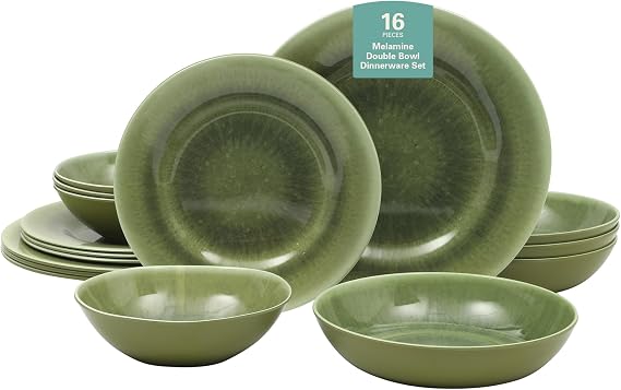 Gibson Home Casper Court 16-Piece Melamine Dinnerware Set Green Reactive Glaze Look Plates and Bowls, Service for 4 Top Rack Dishwasher Safe Everyday Dining Set