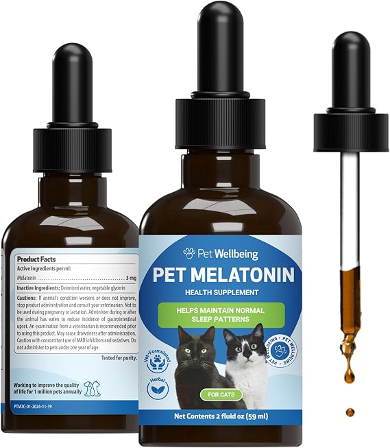 Pet Wellbeing Pet Melatonin for Cats - Sleep & Thyroid Support, 2 oz | NASC Certified & Vet-Formulated Liquid Sleep Supplement with Vegan Melatonin for Healthy Sleep Patterns & Thyroid Function