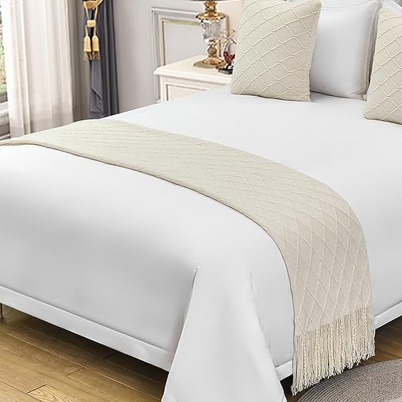 Cotton Knit Bed Runner,Knitted Throw Blanket with Tassel,Decorative Bedding Scarf Cover,Solid Color Woven Sofa Throw Bed Runner for Hotel Home Double Single King Size Bed(King 26x102inch, White)