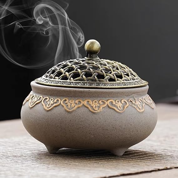 Ceramic Incense Burner Vintage Incense Burner with Metal Lid and Fireproof Incense Holder Holder Round Chinese Porcelain Incense Bowl for Home Meditation Room Living Room Office Decoration