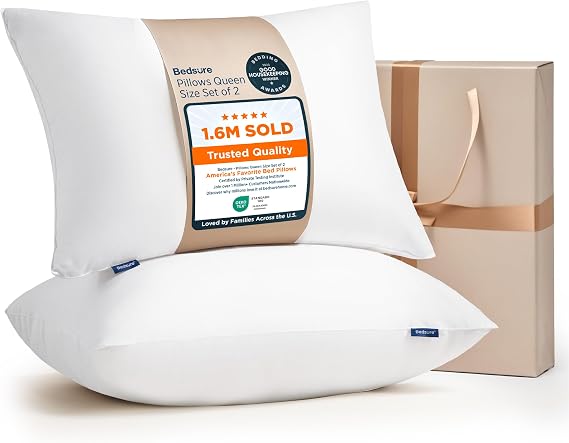Bedsure Pillows Standard Size Set of 2 - Hotel Collection Bed Pillows for Sleeping, with Down Alternative Filling, Soft Support for Back, Stomach or Side Sleepers, Standard, 26"x19", White, 2 Pack