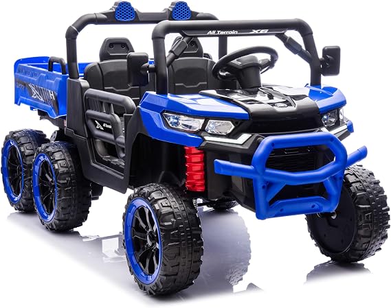 24V 2 Seater Ride On Dump Truck 6X6 Wheels with Electric Dump Bed, Electric UTV with Remote Control, Shovel, Music Player for Girls or Boys (Blue)