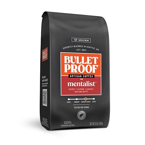Bulletproof The Mentalist Medium-Dark Roast Whole Bean Coffee, 12 Ounces, Clean Coffee Tested for Toxins