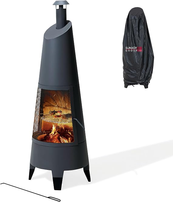SUNJOY 57 Inch 2-in-1 Chiminea Fire Pit & Grill - Grey Metal Outdoor Chiminea with Removable Stainless Steel Grill Grate, PVC Cover, and Mesh Safety Screen Door