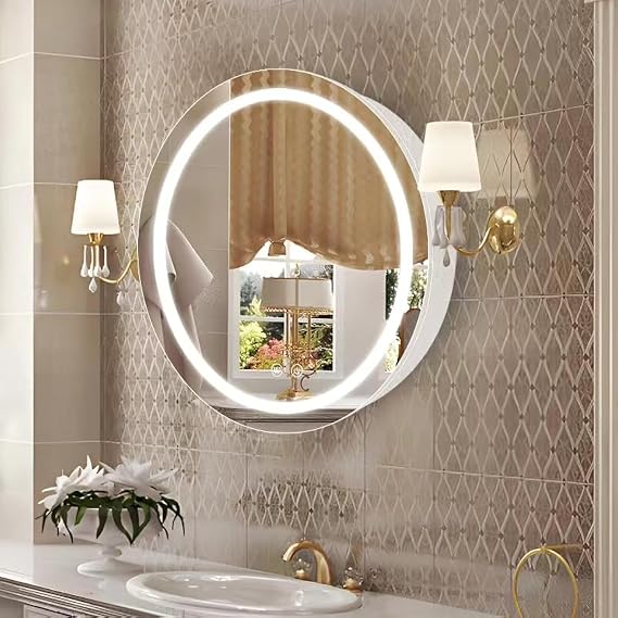 66cm Round Mirror Cabinet with Lights,with Defogger,Dimmable,Anti-Fog,3 Colors,White