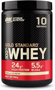 Optimum Nutrition 100% Gold Standard Whey Protein Powder, 24g Protein, Vanilla Ice Cream, BCAA, Low-Sugar, Fast-Digesting Isolate for Muscle Gain & Recovery, 300g, 10 Servings