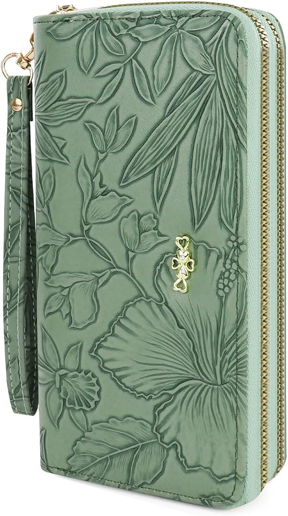 Women Wallets, Large Capacity Double Zip Long Purses for Women, PU Leather Ladies Credit Card Holder Wallet with Zip Pocket Multi Card Slots and Big Compartments (Green)