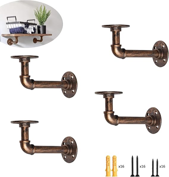 4PCS Industrial Pipe Shelf Bracket Copper Heavy Duty Wall Antique | for Scaffolding Board, Bookshelf, Floating Plumbing Shelves Bracket, 15 x 8 cm