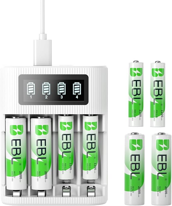 EBL 8-Pack AA AAA Batteries Combo with 4 Bay LCD Smart Battery Charger