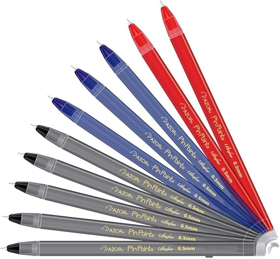 AZOR Pin Point Extra Fine Tip 0.5 Ballpoint Pens Black Blue Red Ink 10 Pack