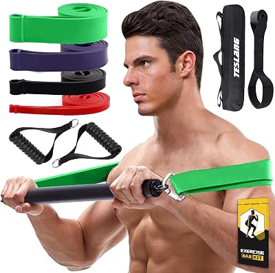 Resistance Band Bar, 4 Resistance Bands with Bar for Men Women, 300 LBS Strength Training Bars for Chest Press Deadlift Squats Curl, Workout Bands with Handles, Portable Home Workout Equipment