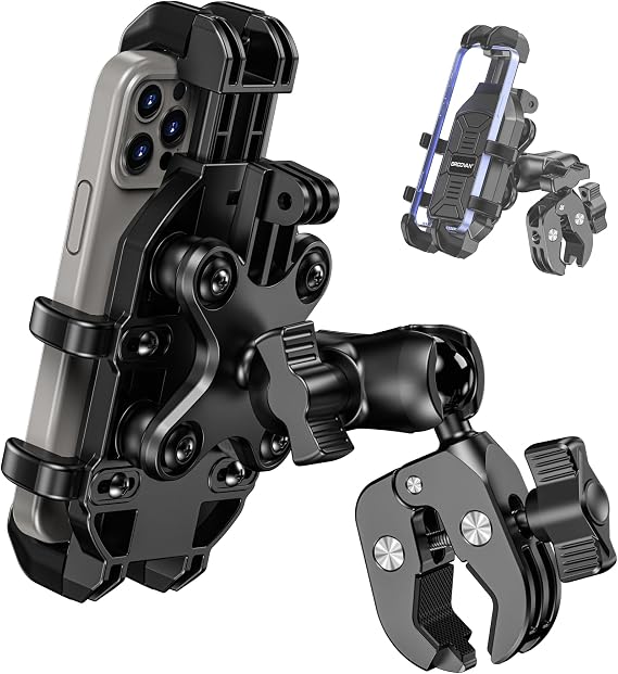 BRCOVAN Anti-Shake Motorcycle Phone Mount Holder with Vibration Dampener | Fit Handlebars 0.5'' to 1.5'' in Diameter, Adjustable Cellphone Clip for Bike Bicycle Scooter ATV, Fit 5.4-6.9'' Smartphones