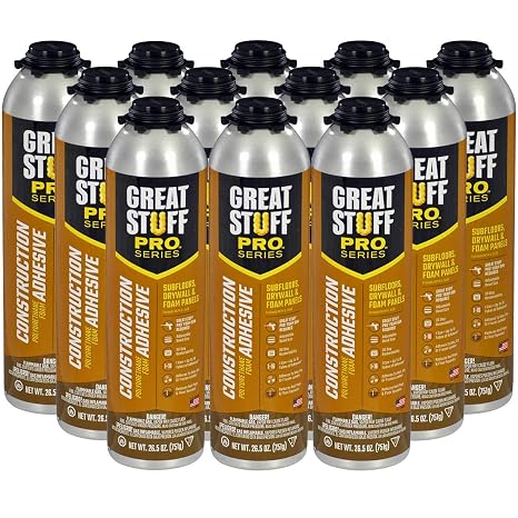GREAT STUFF PRO Construction Adhesive for Wall & Floor - 26.5oz Polyurethane Foam Adhesive for Subfloors, Drywall & Foam Panels. One Component, Off White, Pack of 12