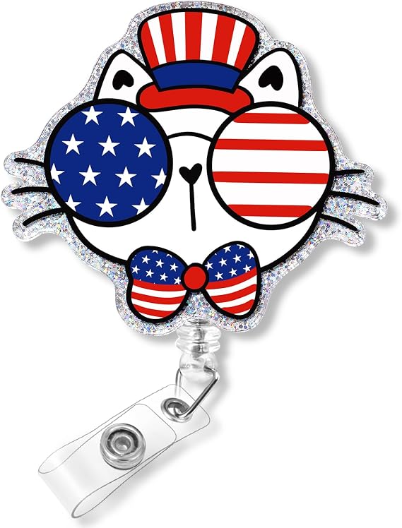 Plifal 4th of July Badge Reel Cute Independence Day Glasses Cat Retractable ID Badge Holder with Beads Charm Alligator Clip, Office Humor Badge Reel for Women Coworker Gifts