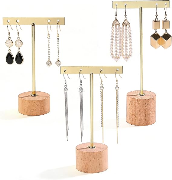 3 Pcs Earring Stand Holder T Bar Earrings Display Stands with Wooden Base Single small Jewelry Earring Organizer for Online Store Photography or Necklaces Bracelet Show, 3 Size