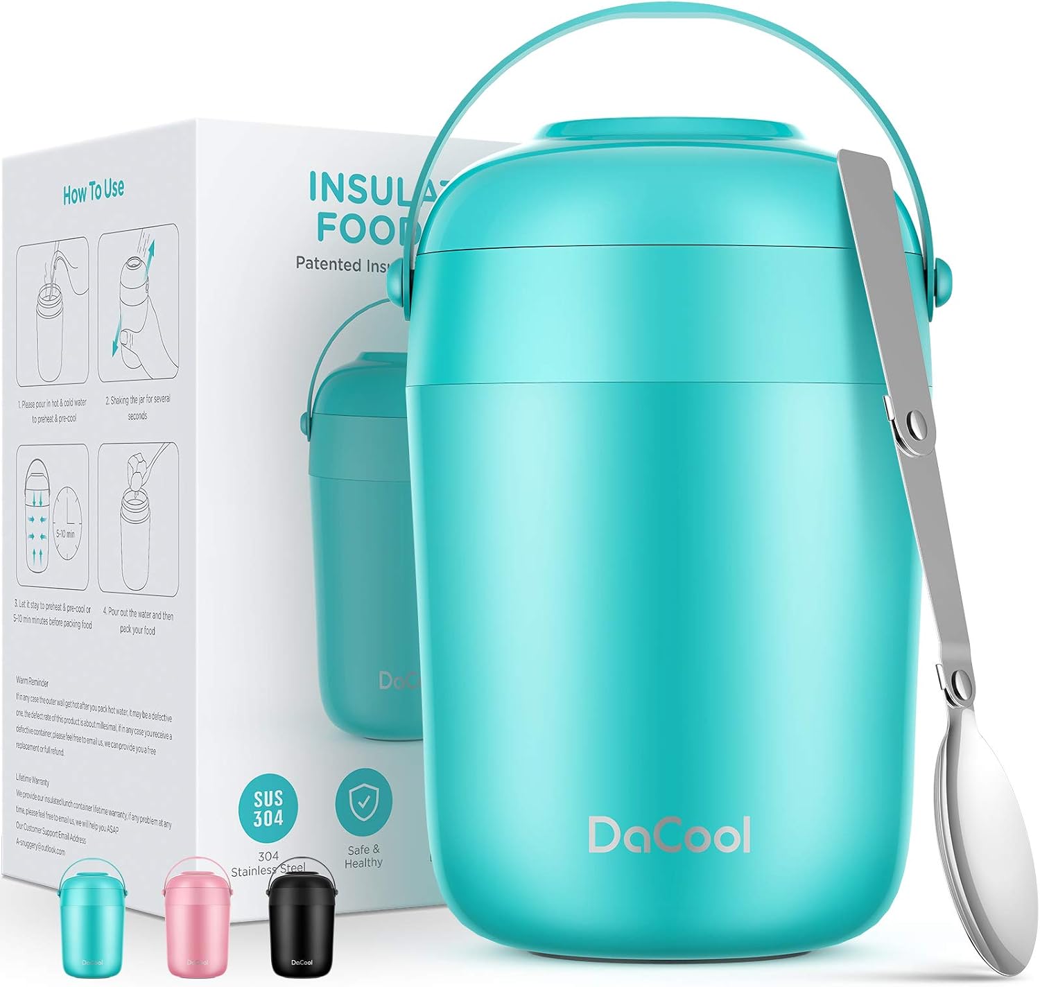 DaCool Food Thermoses for Hot Food 16oz - Insulated Food Jar Kids Soup Thermoses with Handle Spoon Vacuum Stainless Steel Girls Boys Lunch Box Leakproof for School Office Picnic Camping Cyan Blue