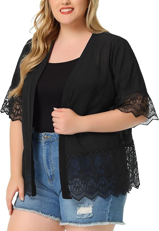 Agnes Orinda Women's 2024 Summer Lace Shrug Plus Size 1/2 Sleeve Bohemian Bikini Cover Lace Kimono Cardigan