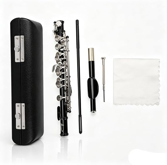 C Key Piccolo Flute, 2-Piece Black Piccolo with Shockproof Hard Case & Cleaning Kit, Bright Clear Tone, Detachable, Full Maintenance Kit for Beginners & Band Practice(Black)
