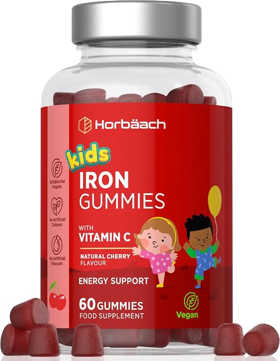 Iron Gummies for Kids with Vitamin C | Cherry Flavoured Tablet Alternative, Palm Oil Free | 7mg of Iron with 20mg of Vitamin C for Absorption | Energy Support | 60 Count | By Horbaach