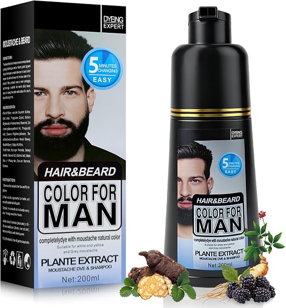 Men's Beard & Moustache Black Dye, Instant Color 100% Grey Hair Coverage for Beard, Mustache & Hair in 5 Minutes, 3 in 1 Beard Dye, Shampoo & Conditioner for a Thicker Fuller & Natural Looking, 200ML