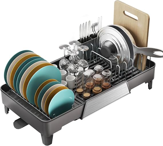 Expandable Dish Drying Rack, Dish Racks for Kitchen Counter, Space Saving & Rust Resistant Dish Drainer with Removable Drainboard & Utensil