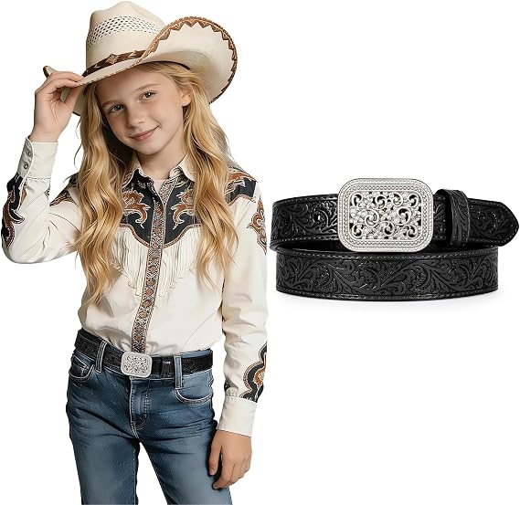 Kids Western Belt for Boys Girls Genuine Leather Cowgirl Cowboy Floral Engraved Tooled Belt with Embossed Buckle