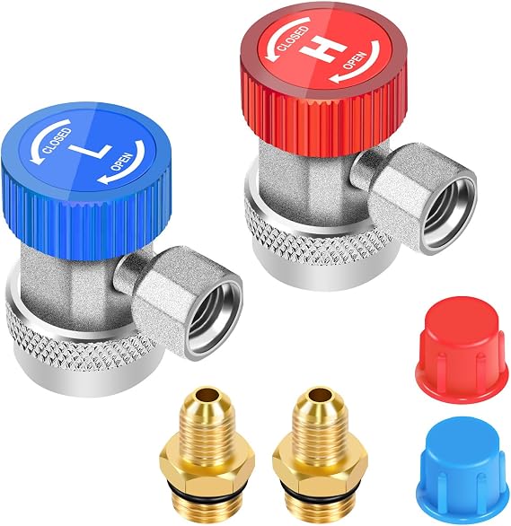 JIFETOR AC R134A Adjustable Quick Coupler Adapter Kit | HVAC High Low Connector Conversion with 1/4" SAE Male Flare for Standard Auto Air Conditioner Manifold Gauge Hose Fittings