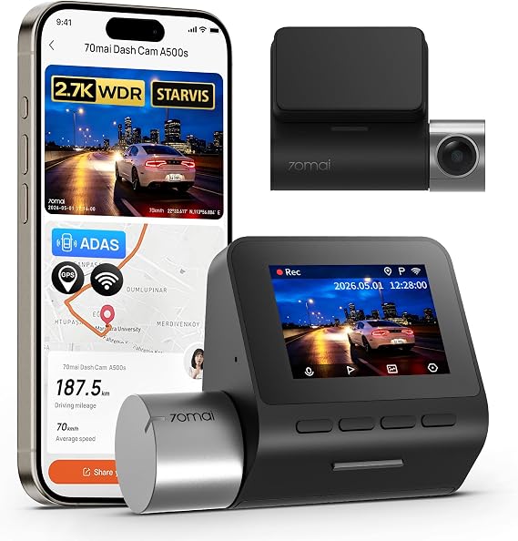 70mai 2.7K Dash Cam Front A500S, 1944P Dash Camera for Cars with Sony IMX335, Dashcam Built-in WiFi GPS, Optional Rear Dashcam, ADAS, 2'' IPS LCD Screen, 24H Parking Mode, WDR, Super Night Vision