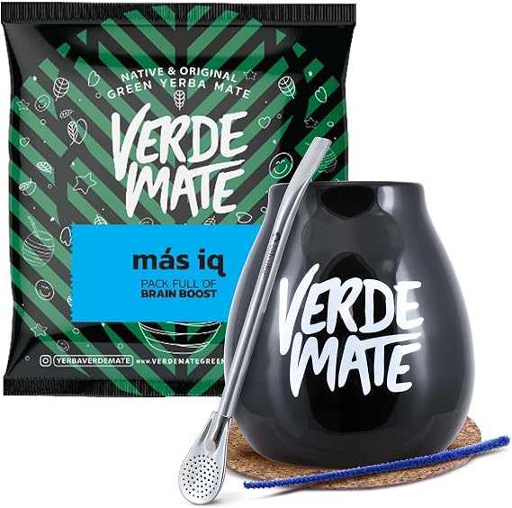 Verde Mate Black Yerba Mate Cup 350ml - Brazilian Verde Mate Mas IQ 50g, Mate Tea Calabash with Bombilla and Cork Coaster