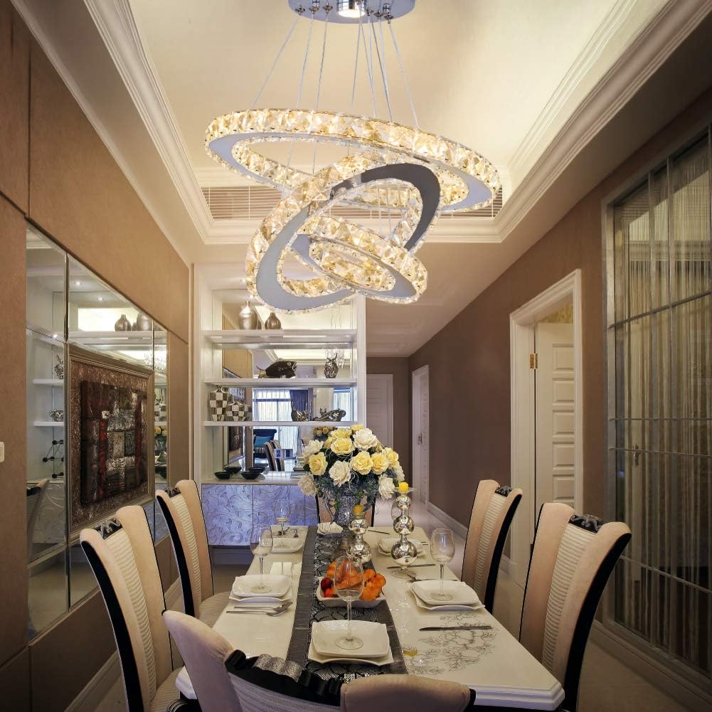Dixun Modern LED Crystal Chandeliers 3 Rings Ceiling Lights Adjustable Stainless Steel Pendant Light Fixture for Dining Room Living Room BedroomWarm White [Energy Class E]
