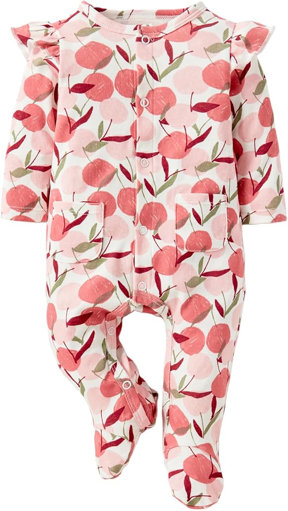 Baby Girls Ruffled Sleeve Footed Romper - 100% Cotton Snap Outfit for 0-12 Months